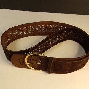 Brown Leather Cutout Belt with Gold Buckle